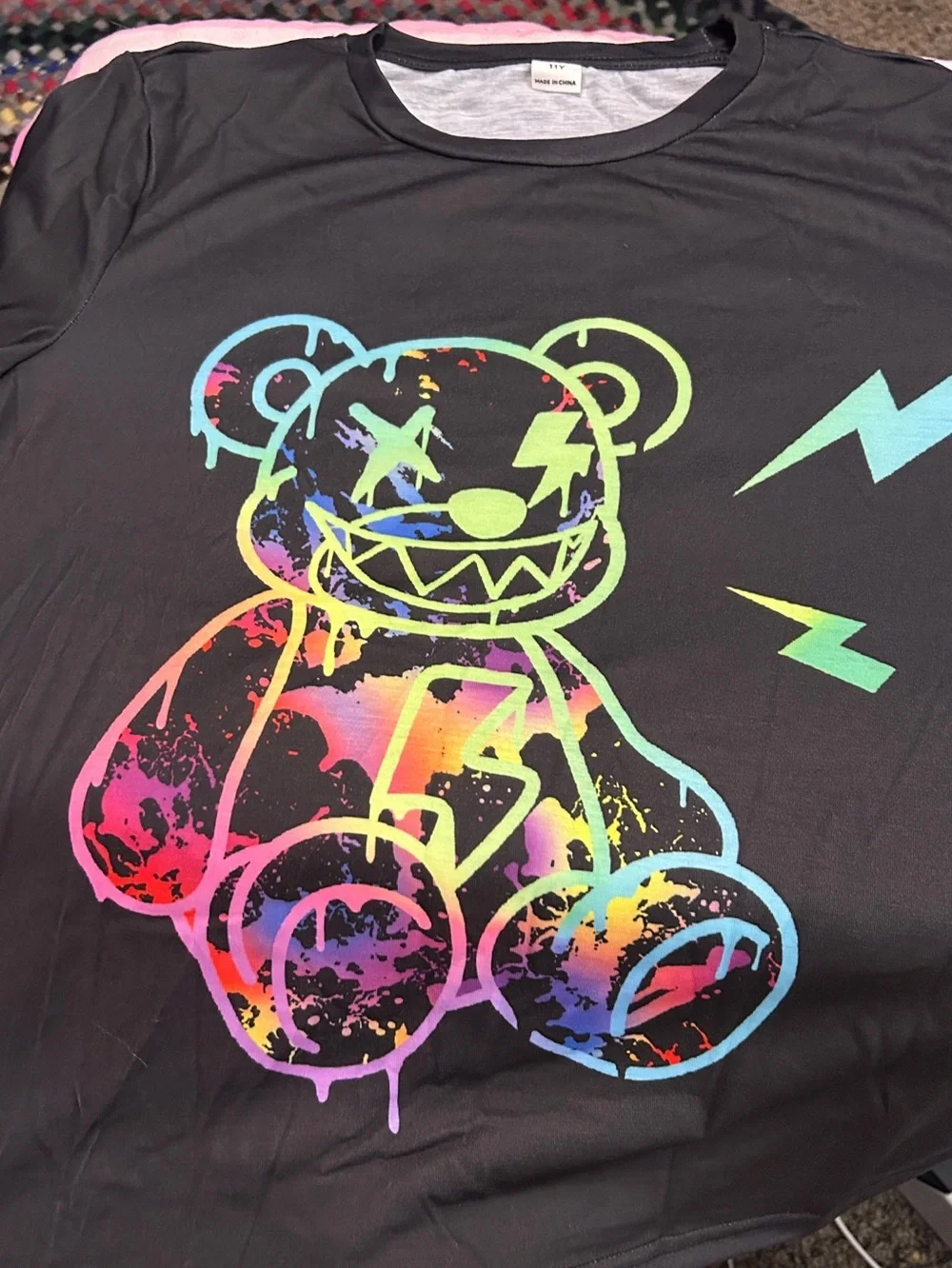 Black Graphic Teddy Bear Tee with Neon Rainbow Print shorts with socks